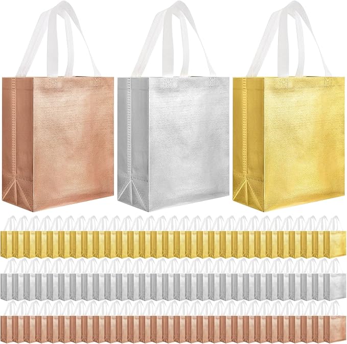Eccliy Reusable Gift Bags Set Glossy Grocery Gift Tote Bag with Handle for Wedding, Bridal Shower, 4th of July, Summer Event(10 x 8 x 4.7 Inch,Gold,Silver,Rose Gold,80 Pcs)