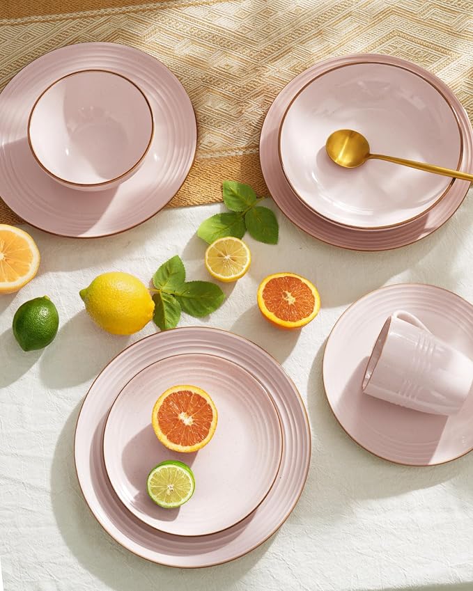 Famiware Jupiter 18-Piece Stoneware Dinnerware Sets for 6 – Handcrafted Plates and Bowls with Speckles & Embossed Swirls, Chip & Scratch Resistant, Modern Rustic Dishes for Daily & Formal Use, Pink