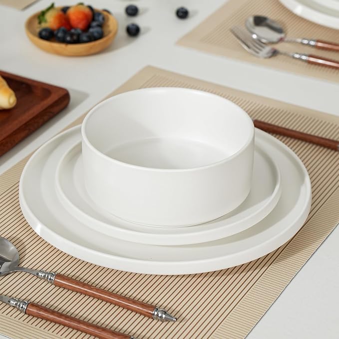 12 Piece Dinnerware Set, Modern Minimalist Stoneware Plates and Bowls Sets, Modern Dinner Plate, Salad Plate, Cereal Bowl, Dish Set for 4, Microwave and Dishwasher Safe, Matte White