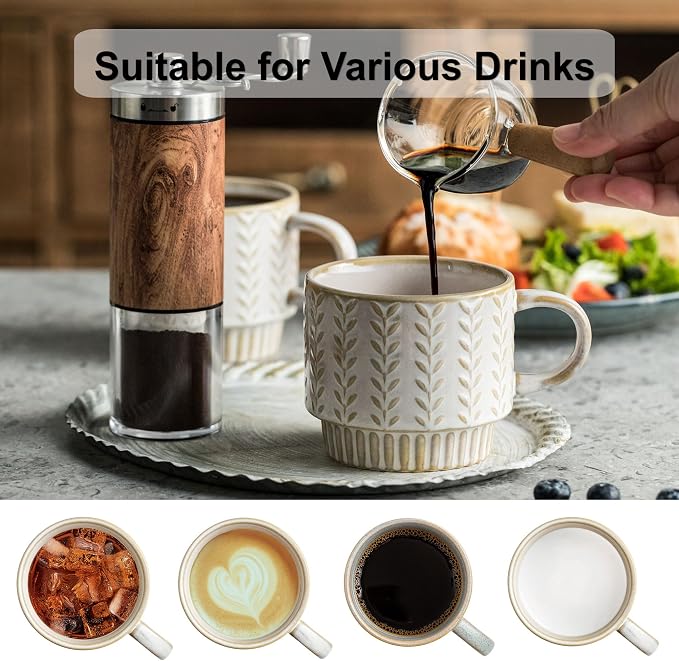Miamolo Coffee Mugs Set of 4 with Spoons & Stand, Stacking Save the Space | Stackable, Ceramic, 13oz Coffee Mug, for Drinks Latte Cappuccino Tea, for Housewarming Birthday Gift, Dishwasher Safe