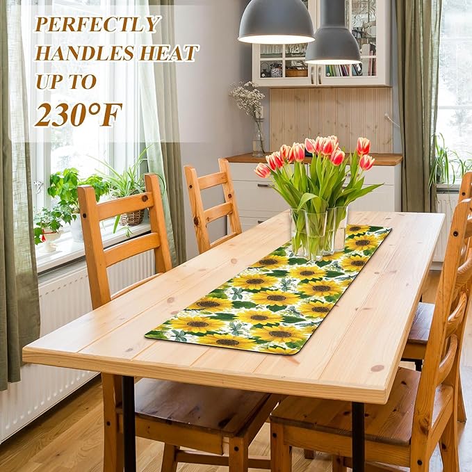 2 in 1 Table Runner Trivet for Hot Pots and Pans Heat Resistant Non Slip Waterproof 39 x 12 Inch Decorative Table Protector for Kitchen Countertop Cute Yellow Sunflowers and Dragonflies