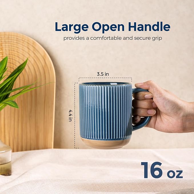 GBhome Large Coffee Mugs Set of 6, 16oz Handmade Stoneware Coffee Mugs Set with Large Handle for Cappuccino/Latte/Tea/Hot Cocoa, Dishwasher & Microwave Safe, Moonlight Blue