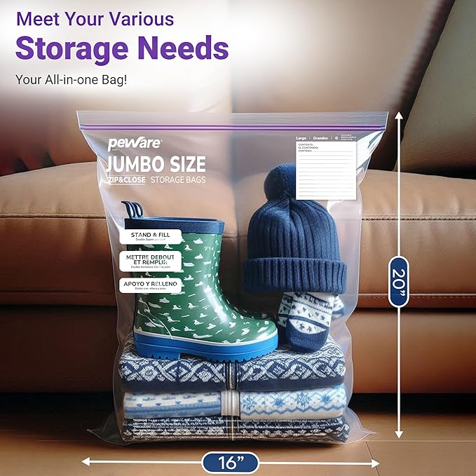 Large Storage Bags, 16"x20" Jumbo Plastic Bag, BPA Free, 3.5 Gallon XL Zipper Lock Baggies for Clothes Pillow Travel Moving - 100 Roomy Bags