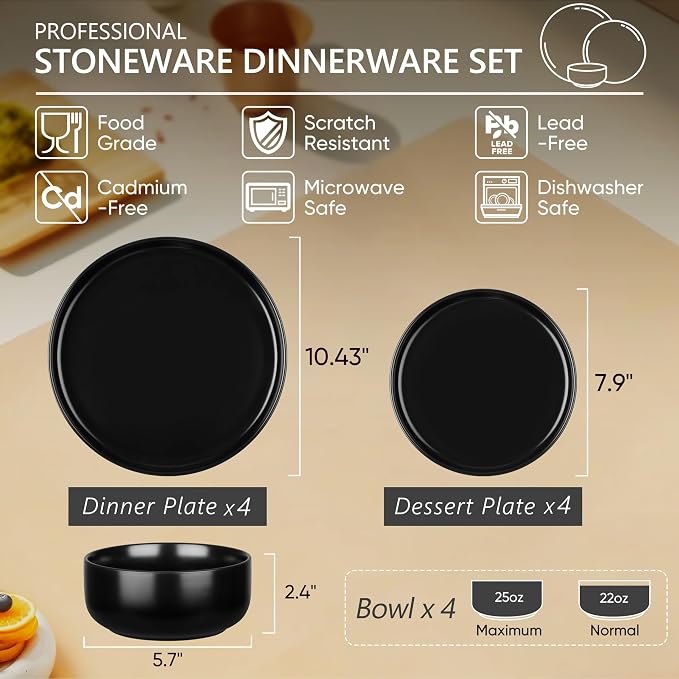 Herogo 12 Pieces Stoneware Dinnerware Sets Service for 4, Dinner Plates and Bowls Sets, Double Reactive Glaze Dishes Sets for Kitchen, Scratch Resistant, Microwave & Dishwasher Safe, Matte Black