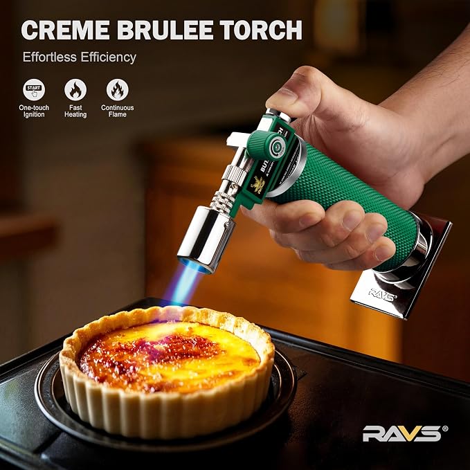 RAVS Butane Torch Lighter, Premium Metal Creme Brulee Torch with Adjustable Flame & Safety Buckle, Cooking Torch for Baking, BBQ, DIY, Green, Butane Gas Not Included