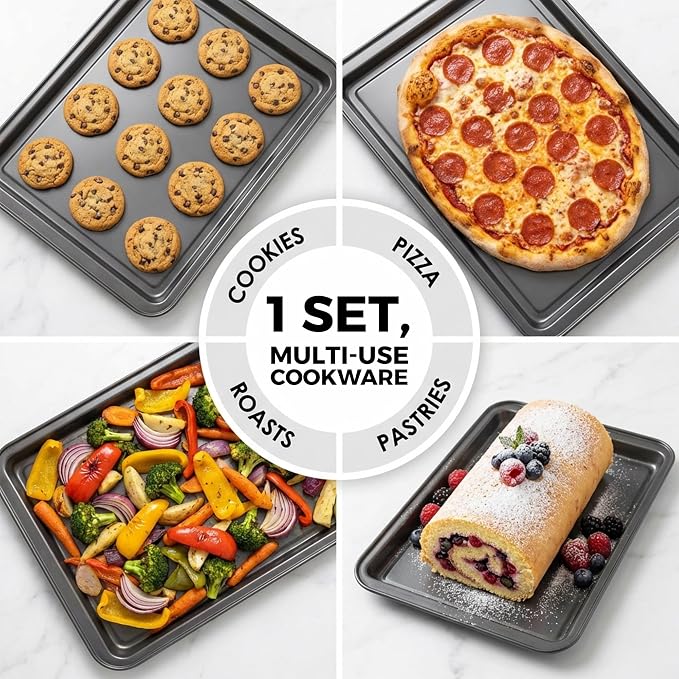 PERLLI Non-Stick 3-Piece Baking Pan Set – Carbon Steel with Even Heat Distribution, Oven Safe to 446°F, BPA-Free, Dishwasher Safe, Stackable Baking Tools for Easy Storage and Everyday Cooking - Gray