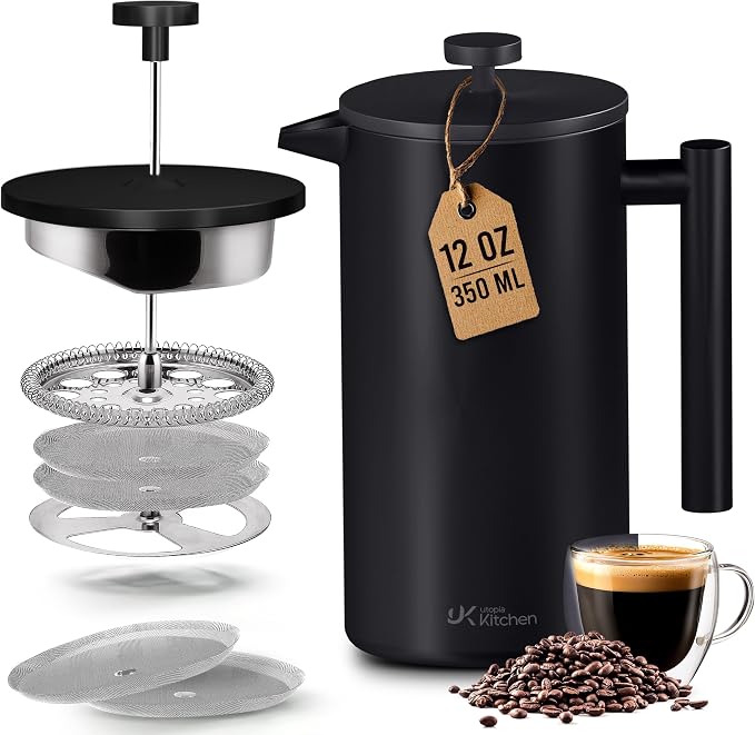 Utopia Kitchen 304 Grade Stainless Steel French Press Coffee Maker 12 Oz, Double Wall Insulated Coffee Press with 4-Level Filtration system, Include 2 Extra Filters, Rust-Free, Black