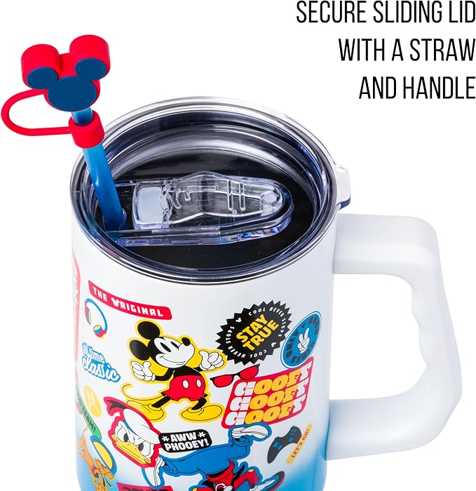 Silver Buffalo Disney Mickey and Friends Featuring Donald Duck, Daisy Duck, Minnie Mouse, Mickey Mouse, Goofy, and Pluto Stainless Steel Tumbler with Straw Cover, Lid, Straw, and Handle, 40 Ounces