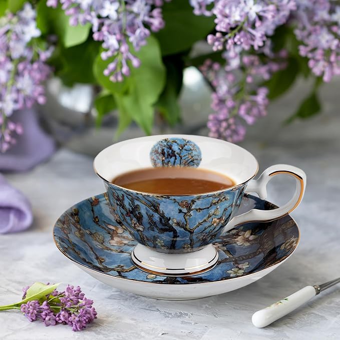 Floral Tea Cups Saucers Set of 2, Bone China 7 oz British Teacups Porcelain Coffee Cup for Rose Tea Cappuccino Espresso Latte (Apricot & Peach Blossom)