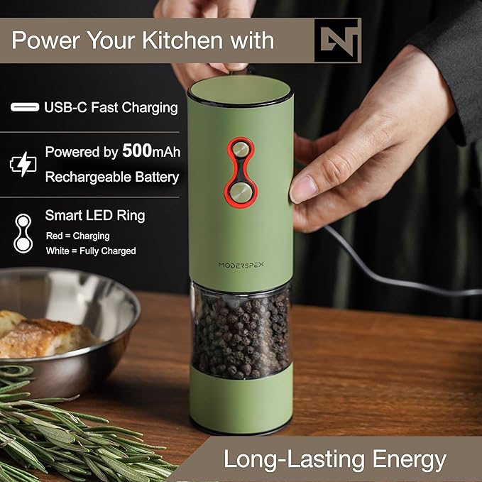 Electric Salt and Pepper Grinder Set USB-C Rechargeable, Dual-Speed Automatic Salt and Pepper Mills with 9 Adjustable Coarseness, Ceramic Burr, LED Light, Refillable, (Sage Green)