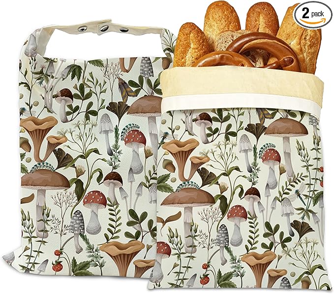 Bread Bags for Homemade Bread- Mushroom Forest Dragonfly Berry 2 Pack Linen and Beeswax Sourdough Storage Bags, Reusable Keeper, Keeps Breads Fresh Longer, Gifts for Bakers