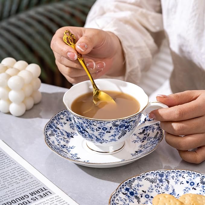 fanquare Porcelain Tea Cup and Saucer with Gold Trim, 8 oz Blue Floral British Coffee Cup with Spoon for Women Tea Parties
