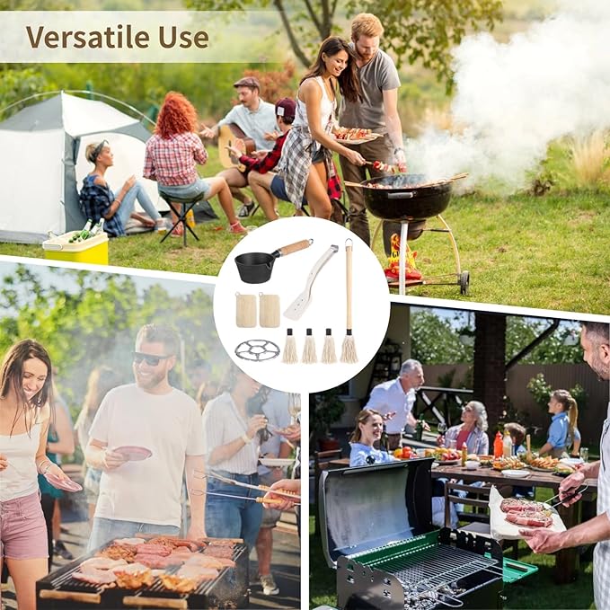 BBQ Mop Brush and Cast Iron Sauce Pot Set, Basting Melting Pot, Wooden Handle Sauce Mops with 3 Pcs Replacements, Barbecue Tongs and Pot Cleaning Brushes for Meat Smoker, Grill, Stove