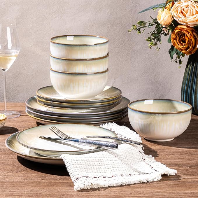 LERATIO Ceramic Dinnerware Sets for 4,Reactive Glaze Plates and Bowls Set with Mugs, Dishwasher,Microwave & Oven Safe Dishes set-Sage Ivory