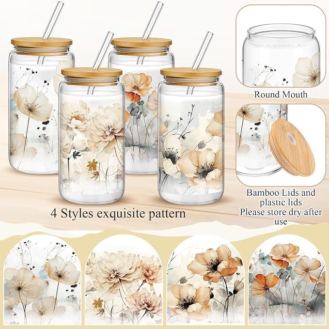 Mumufy 4 Pack Wildflower Glass Cups Gift Aesthetic Cute Glass Cup Tumbler Flower Iced Coffee Mugs 16 oz with Bamboo Lid & Straw, for Wedding Birthday Bridesmaid Mom Baby Shower