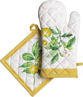 Maison d' Hermine 100% Cotton Oven Mitt & Pot Holder Set (7.5"x13" & 8"x8") Heat Resistant BBQ Cooking Gloves with Loop Baking Grilling Kitchen Gifts for Mothers Day Spring/Summer (Limoncello)