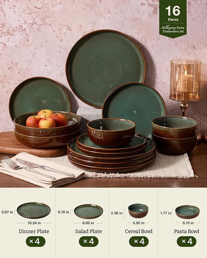 Famiware Milkyway Stoneware Dinnerware Set, 16-Piece, Including Pasta Bowl, Double Reactive Glaze, Plates and Bowls, Service for 4, Microwave and Dishwasher Safe, Scratch-Resistant, Moss Green & Cocoa