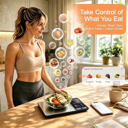 Smart Food Scale with Nutritional Calculator, Free App & TFT Display – Digital Kitchen Scale for Calorie & Macro Tracking, 50 Built-in Foods,23 Nutrients Analysis,Personal Goals for Meal Prep