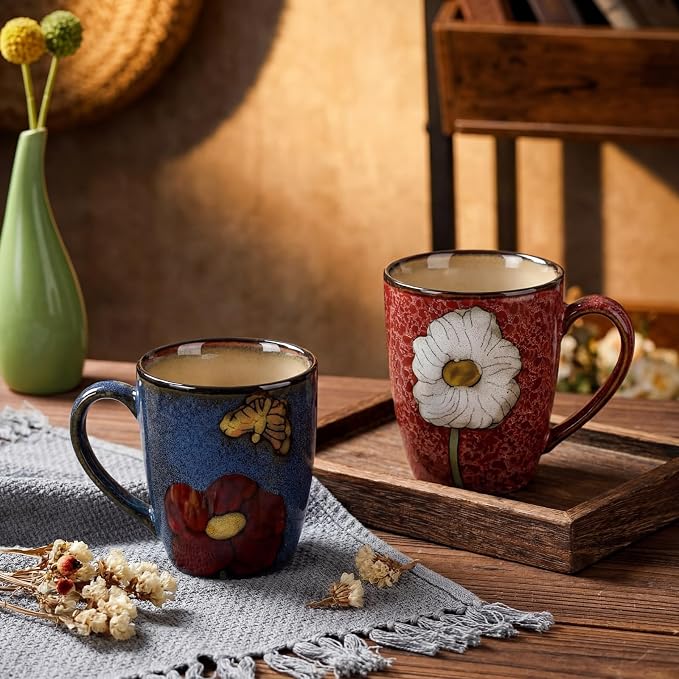 Maxdot 2 Pcs 12oz Ceramic Coffee Mugs Sets Glazing Process Cappuccino Mug Floral Ceramic Tea Cups Idea Gift Set for Women Porcelain Cup for Coffee, Cocoa, Tea, Latte (Retro) (Rustic)