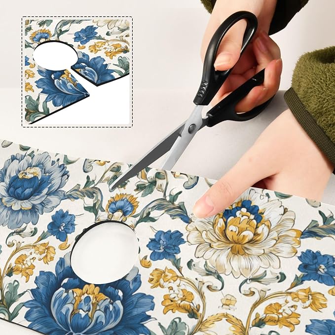 Kitchen Sink Splash Guard 1 PC 30 Inch Sink Faucet Mat Splash Guard for Bathroom Countertop Water Absorbent Foldable Cuttable Soft Washable Royal Floral Blue and Yellow Tile