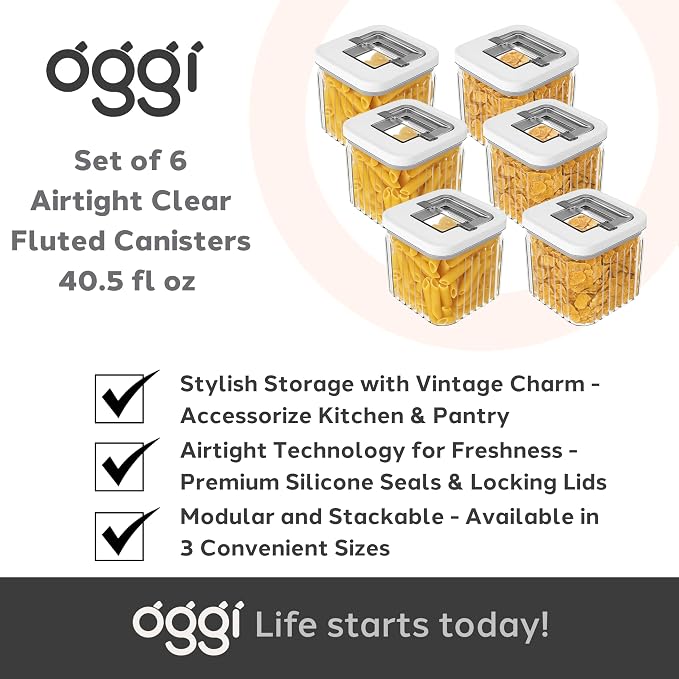 Oggi Airtight Clear Fluted Canister Set of 6 - Stackable Food Storage Containers with Lids, Vintage Modern Farmhouse Style, Kitchen Counter & Pantry Organization, Size - 6 x 40.5 fl oz / 1.2 Lt