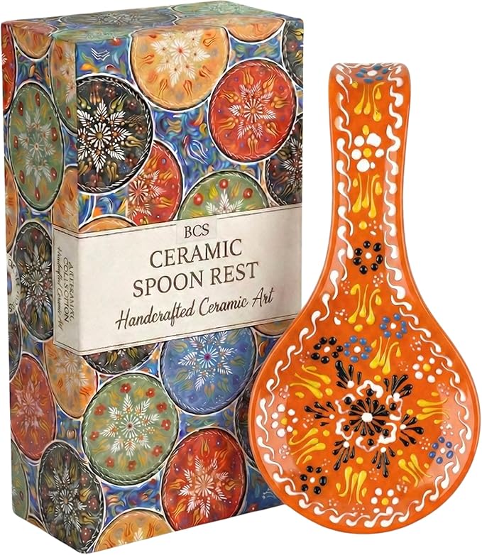 BCS Ceramic Spoon Rest, Large 9” Hand Painted Spoon Holder for Stove Top & Kitchen Counter, Dishwasher Safe & Heat Resistant Utensil Holder, Floral Kitchen Decor, Handmade Pottery