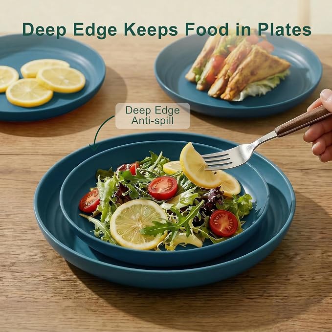 Wheat Straw Dinnerware Sets for 8, Unbreakable Bowl and Plate Set 40 Piece, Reusable Plastic Dish Sets for 8, Microwave and Dishwahser Safe Dining Set, Apartment and Kitchen Essentials - Blue