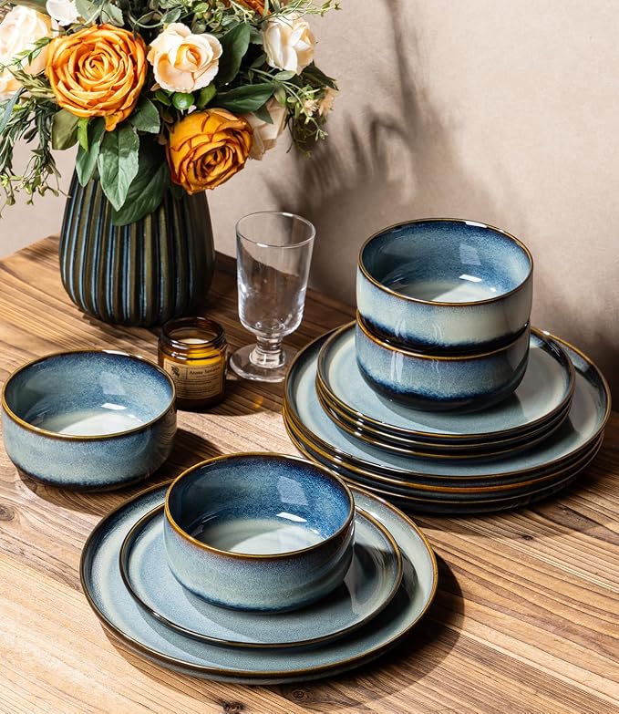 TheTerra Ceramic Dinnerware Sets for 4, 12 Pieces Porcelain Lightweight Plates and Bowls Sets, Scratch Resistant Dish Set, Oven & Microwave & Dishwasher Safe, Denim Blue