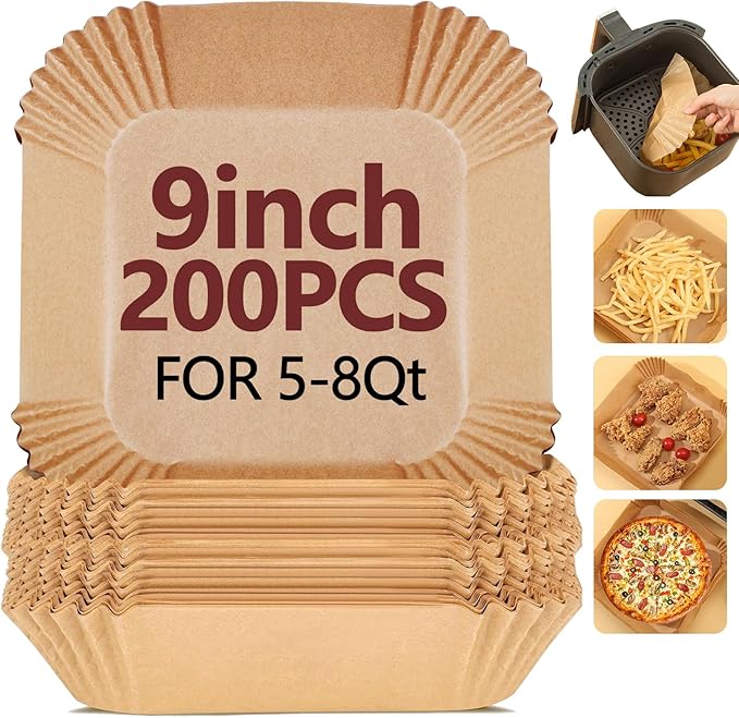9 Inch Air Fryer Liners Disposable-200PCS Square Parchment Paper Liners,Heat Resistant & Non-Stick,Unbleached Liners for Air Fryer,Oven,Roasting,Baking,Microwave（Bottom is 8 Inch）
