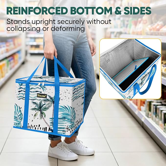 BALEINE 3Pk Insulated Reusable Grocery Bags, Foldable Shopping Bags for Groceries with Reinforced Bottom & Handles (Island Breeze)