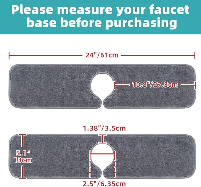 PoYang 2 Pack Faucet Mat for Kitchen Sink Splash Guard Long: Super Absorbent Microfiber Sink Water Splash Guard Behind Kitchen Faucet Mat for Bathroom, RV Protector, Machine Washable 24'' x 5.1''