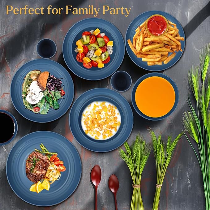 Wrova Wheat straw plates and bowls sets of 16 - Unbreakable wheat straw dinnerware sets for camping - Alternative plastic dinnerware set service for 4 - Microwave safe and Dishwasher safe bowls. Blue