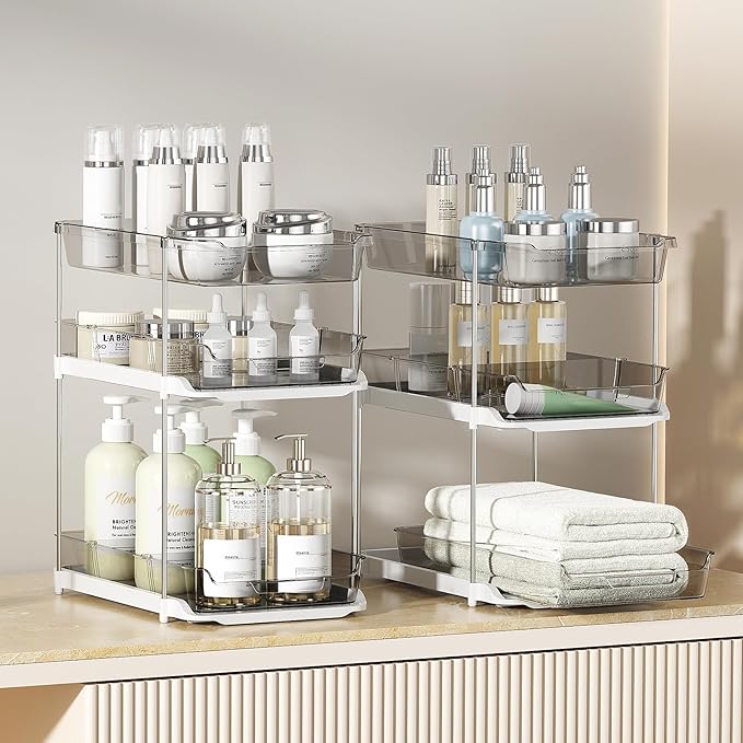Delamu 2 Pack 3-Tier Bathroom Under Sink Organizers and Storage, Multi-Purpose Stackable Pantry Organization and Storage, Pull Out Clear Kitchen Bathroom Cabinet Organizer with Movable Dividers, Grey