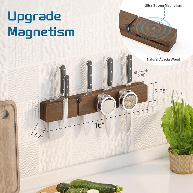 Magnetic Knife Holder for Wall, Acacia Wood Knife Magnetic Strip No Drill Knife Magnet Storage Bar Magnetic Tool Key Holder Strip for Kitchen Utensil Organizer (Dark Brown, 16 Inch Large)
