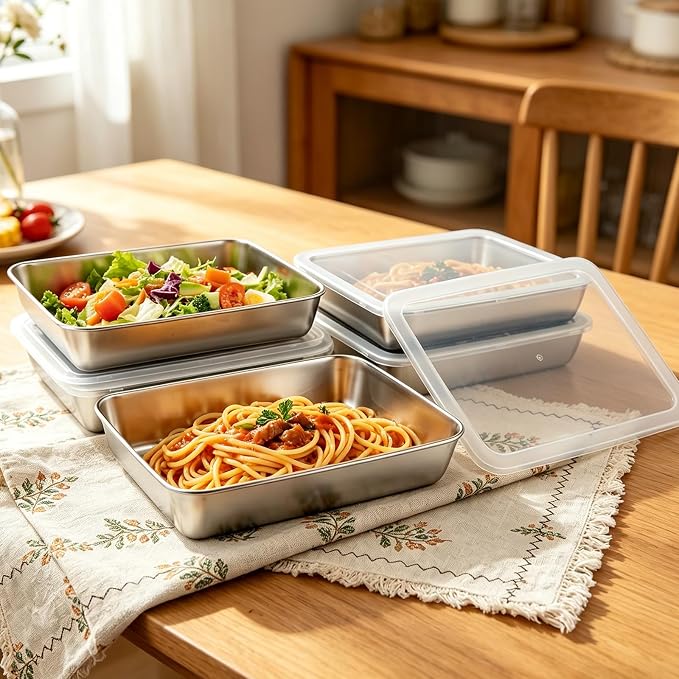 6 PCS Stainless Steel Food Storage Containers with Clear lids,2.16 Inch Deep, 8x10 Inch Stainless Steel Oven plate, Metal Roasting Pan,Freezer & Dishwasher Safe,For Meal Prep、Fruit、Meat Storage