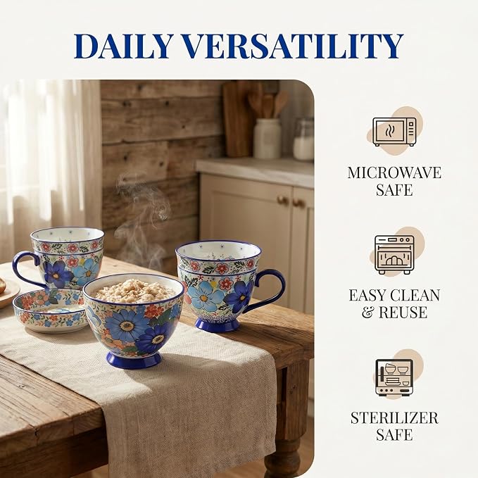 Hand-Painted Ceramic Soup Bowl with Handle & Lid, Large Coffee Mug | 17oz Polish Pottery Decorative Tea Cup & Saucer, Microwave Safe Cereal Bowl for Oatmeal, Ice Cream, Snacks, Gifts for Women