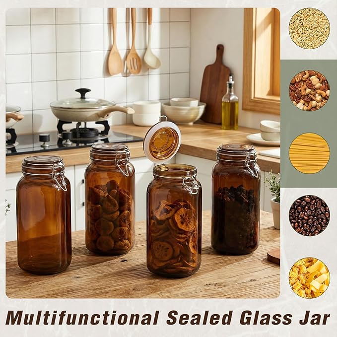 Norme 4 Pack 78oz Amber Airtight Glass Jars with Lids, Square Food Storage Container Airtight Food Wire Clip Fastening for Sauerkraut Flour Kitchen Sugar Cereal Kitchen Canning Pickling Mason Jars