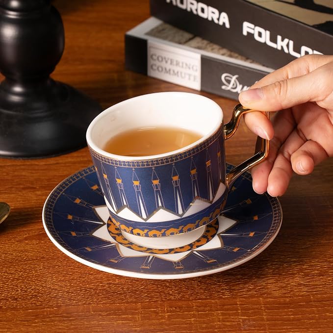 KAMMAK Tea Cups and Saucers Set of 2, Porcelain Coffee Cups, Stackable Espresso Mugs, Ceramic Demitasse for Coffee, Latte, Americano, Tea, Lighthouse of Alexandria