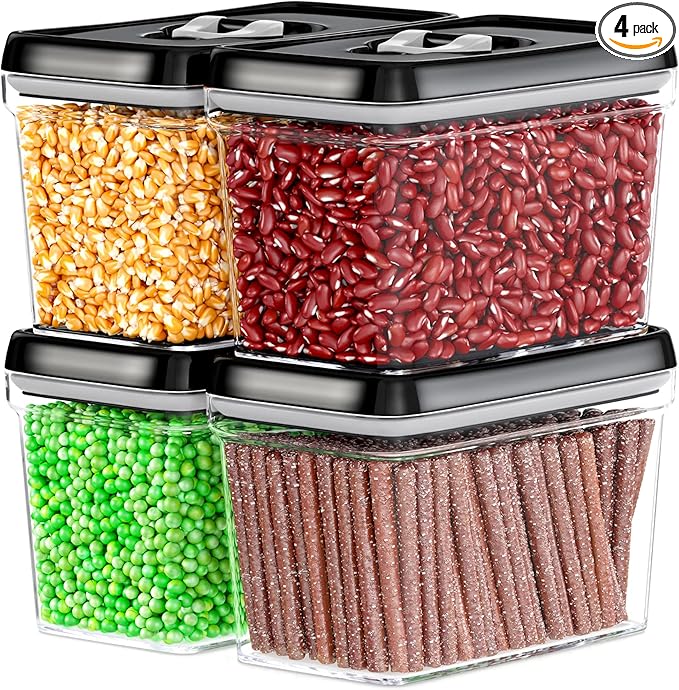 DWËLLZA KITCHEN Airtight Food Storage Containers - Pantry Snacks Kitchen Container, Baking Supplies, 4LB Sugar & Flour Canister - 4 Pc Set All Same Size - Clear Plastic BPA-Free - Keeps Fresh & Dry