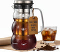 Cold Brew Coffee Pitcher (1.0L/34oz) - Elegant Sleek Wave Borosilicate Glass Pitcher with 100um 304 Stainless Steel Filter & Airtight Lid, Efforless Mannual for Beginner, Sophisticated Gift