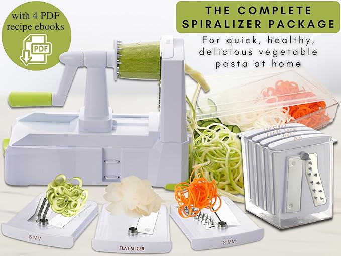 Brieftons 7-Blade Vegetable Spiralizer: Zucchini Spiral Slicer & Veggie Noodle Maker, Japanese Steel Blades, Catch Container, Strong Suction Cup, Blade Caddy, 4 eBooks | Low Carb, Vegan, Gluten-Free