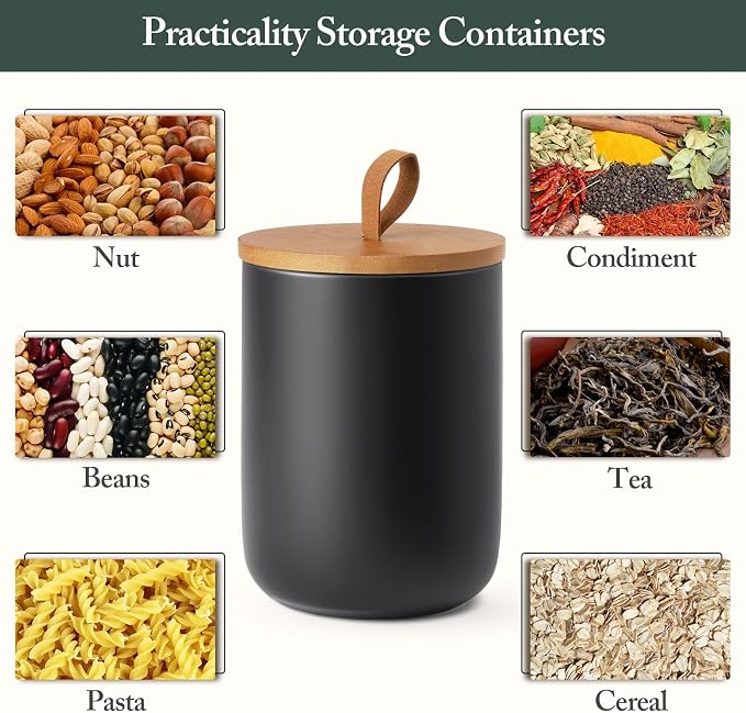 Coffee Container Jar with Lid, Ceramic Kitchen Food Storage Jars for Spice Sugar Cookie, Large Capacity Decorative Jars for Coffee Bar, Black & 45 fl.oz