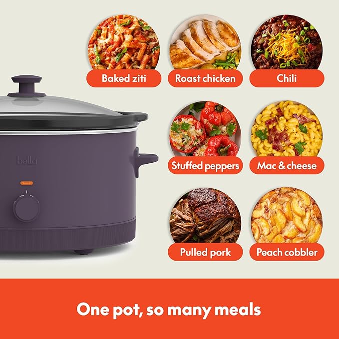 bella 6.0 Qt Manual Slow Cooker, Ceramic Nonstick Coating, 3 Temperature Settings, Dishwasher Safe Stoneware Pot and Tempered Glass Lid, Cool Touch Handles & Tangle Free Cord Wrap, Plum
