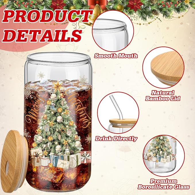 Teenyyou 12 Set of Christmas Glasses with Bamboo Lid and Glass Straw 16 oz Christmas Drinking Cup Beer Iced Coffee Cup Xmas Tumbler Mugs for Women Men Holiday Party Office Gifts