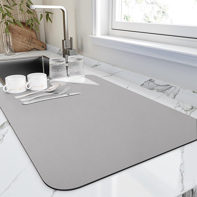 HotLive Dish Drying Mat for Kitchen Counter, Heat Resistant Drainer Mats with Non-slip Rubber Backed, Hide Stain Kitchen Super Absorbent Draining Mat, Easy to Clean Dish Rack Pad, Grey 18"x32"
