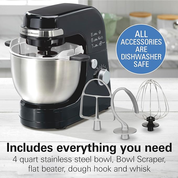 Hamilton Beach 4 Quart Electric Stand Mixer With 7 Speeds | Planetary Mixing For Full Bowl Coverage | Bowl Scraper | Splash Guard | 300 Watts | Whisk, Flat Beater, Dough Hook | Black