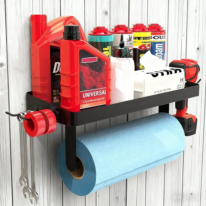 YIGII Garage Paper Towel Holder with Shelf, Wall-Mount Heavy Duty Paper Towel Rack with 4 Hooks, One-Hand Tear Tissue Holder for Workbench, Craft Room & Clean Station, Black