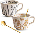 Coffee Mugs, Coffee Cup Set of 2, Ceramic Mug Set 11 oz and Spoons for Home & Kitchen, Embossment Leave Novel Cups for Coffee Tea Cocoa Milk Latte, Microwave Dishwasher Safe