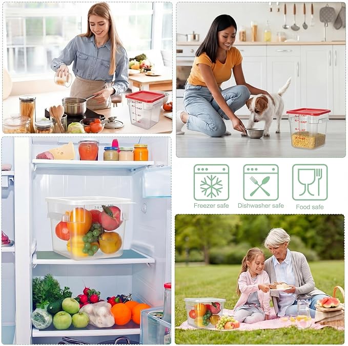 Lallisa 4 Pcs 8qt & 4qt Clear Food Storage Containers with Lids Handles and Scales, Stackable Plastic Square Food Storage Containers for Dough Proofing Baking Kitchen Restaurant(White, Red)