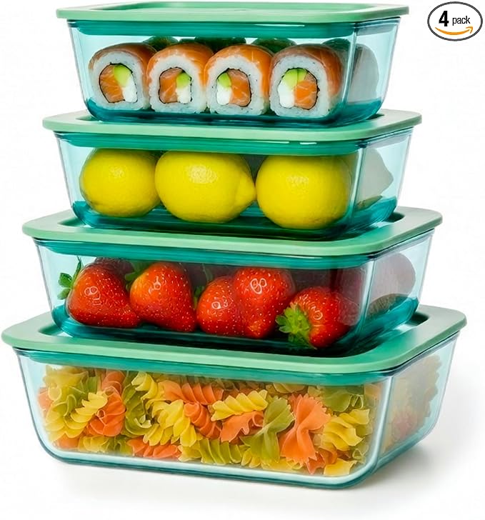Crispa 8-Piece Teal Square Glass Food Storage Containers with Silicone Glass Lids – 100% Plastic-Free (2x 40oz, 2x 20oz) – Leakproof, Airtight, Freezer, Microwave and Dishwasher Safe